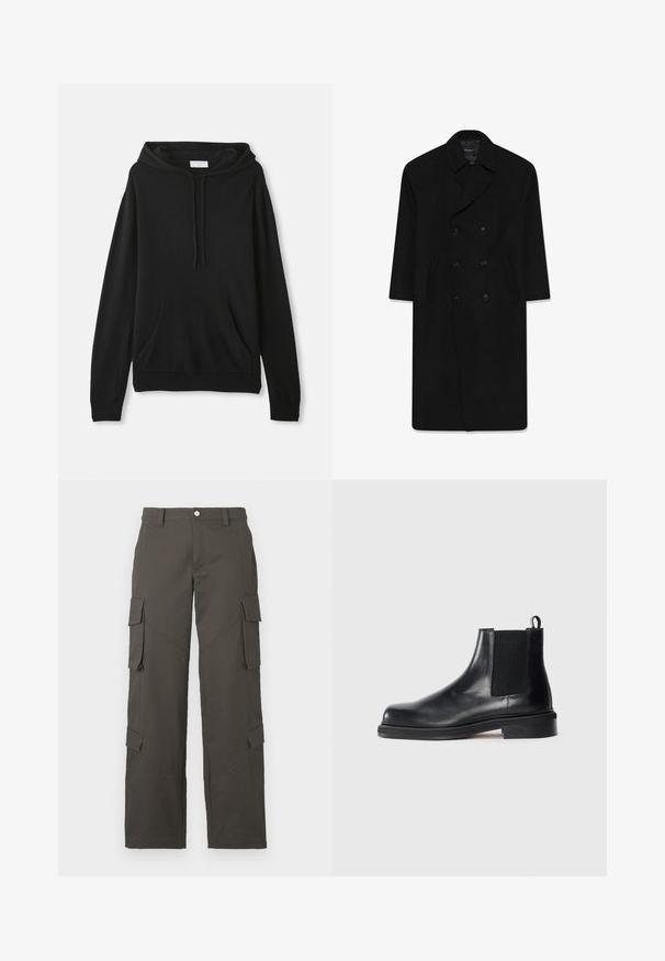 Černý dvouřadý kabát s klopovým límcem, dvěma předními kapsami a rovný střih. Vyrobený z vlněné látky s hladkou texturou.; Černá mikina s kapucí vyrobená z měkké látky; má přední klokánkovou kapsu, kapuci se stahovací šňůrkou, dlouhé rukávy a žebrovaný pás na spodním lemu a na rukávech.; Bílá bavlněná tričko s kulatým výstřihem, krátkými rukávy a volným střihem. Hladká textura, bez vzorů nebo ozdob.; Tmavě šedé cargo kalhoty rovného střihu s zapínáním na knoflík a čtyřmi klopovými kapsami, dvě na stehnech a dvě poblíž lýtek.; Černé kožené Chelsea boty s elastickým bočním panelem, kulatou špičkou, poutkem na patě a nízkou vrstvou podrážky na jednobarevném pozadí.