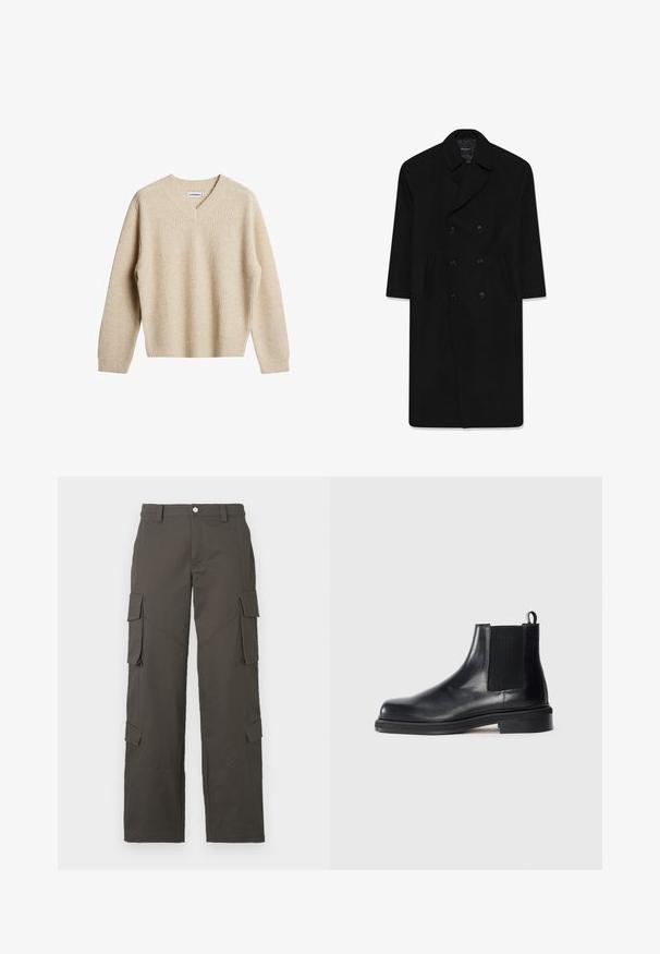 Mustapukuinen kaksirivinen takki, jossa on kauluskäänne, kaksi etutaskua ja suora leikkaus. Valmistettu villakankaasta, jossa on sileä pinta.; Beige, ribbed knit-pusero, jossa on V-mallinen kaula-aukko ja pitkät hihat. Ominaisuuksiin kuuluu rento istuvuus ja teksturoitu kangas lisälämpöä ja mukavuutta varten.; Valkoinen puuvillapaita, jossa on pyöreä kaula-aukko, lyhyet hihat ja rento istuvuus. Sileä pinta, ei kuvioita tai koristeita.; Tummanharmaat suorat cargo-housut, joissa napitus ja neljä läpällistä taskua, kaksi reiden kohdalla ja kaksi lähellä sääriä.; Musta nahkainen Chelsea-saapas, jossa on elastinen sivupaneeli, pyöreä kärki, vetonauha kantapäässä ja matala pinoiltu pohja yksinkertaisella taustalla.