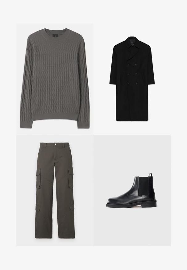Czarny płaszcz dwurzędowy z klapami, dwoma przednimi kieszeniami i prostym krojem. Wykonany z wełnianego materiału o gładkiej fakturze.; Armani Exchange - Sweter; Biała bawełniana koszulka z okrągłym dekoltem, krótkimi rękawami i luźnym krojem. Gładka tekstura, bez wzorów ani zdobień.; Ciemnoszare, proste spodnie cargo z zapięciem na guzik i czterema kieszeniami z klapkami, dwiema na udach i dwiema w okolicy łydek.; Czarne skórzane botki Chelsea z elastycznym panelem po bokach, okrągłym noskiem, pętelką na pięcie i niską podeszwa na płaskim tle.