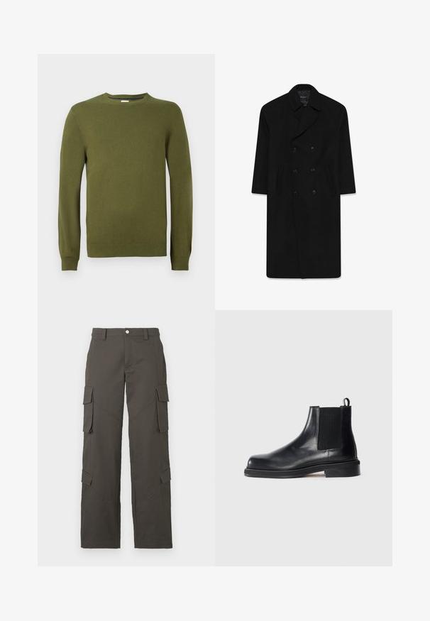 Melnā divrindu uzvalka jaka ar klātbātes apkakli, divām priekšējām kabatām un taisnu piegriezumu. Izgatavota no vilnas auduma ar gludu tekstūru.; Olīvu zaļš adīts džemperis, apaļa kakla izgriezums, garas piedurknes, riboti aproces un apakšmala, gluda tekstūra, viegla materiāla, ikdienišķs dizains.; Baltas kokvilnas T-krekls ar apaļu kakla izgriezumu, īsām piedurknēm un brīvu piegriezumu. Gluda tekstūra, bez rakstiem un rotājumiem.; Tumši pelēki taisnas kājas kravas bikses ar pogu aizdari un četriem kabatām ar vāku, divām uz augšstilbiem un divām tuvu teļiem.; Melnas ādas Čēzija zābaki ar elastīgu sānu paneli, noapaļota pirksta daļa, cilpa pie papēža un zema klāja zole uz vienkārša fona.