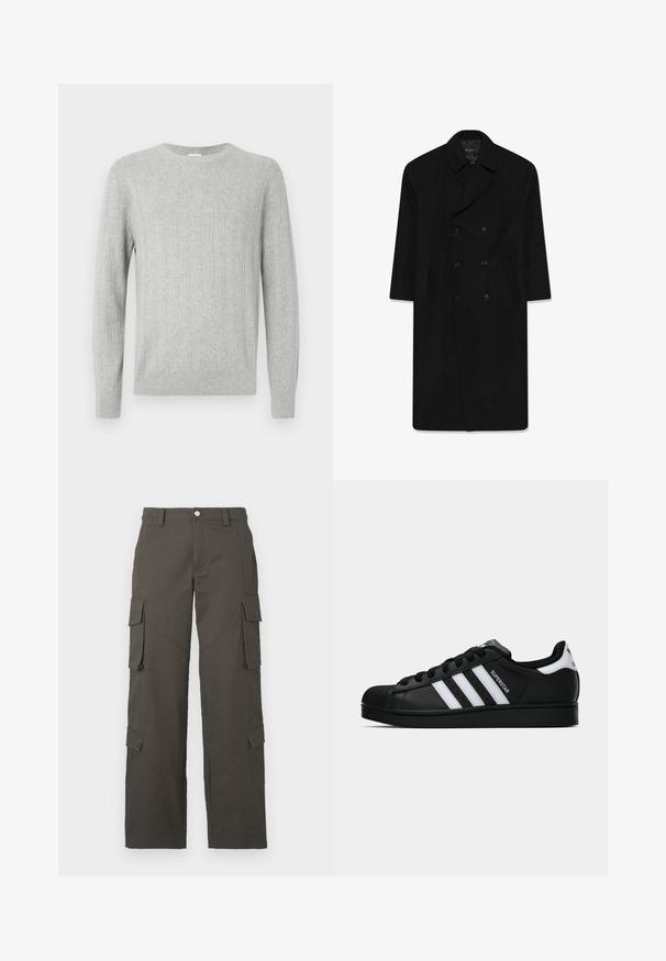 Mustmust ülikond, millel on klapp krae, kaks esist märkmeid ja sirge lõige. Valmistatud villast kangast, millel on sile tekstuur.; Helehallid soonikuga kootud sviiter, ribide tekstuuriga, ümmarguse kaelusega ja pikkade varrukatega. Lihtne disain, sirge äär ja vastupidav materjal.; Valge puuvillane T-särk, ümmarguse kaelusega, lühikeste varrukatega ja vabalt langeva lõikega. Sile tekstuur, ilma mustrite või kaunistusteta.; Tumedashallased sirged cargo püksid, millel on nööbikinnitus ja neli klapptaskut, kaks reitele ja kaks säärtel.; Mustad musta värvi Adidas Superstar toss, millel on valged triibud, koonuseline varvas ja küljes "Superstar" tekst, esitatud külgvaates valgel taustal.