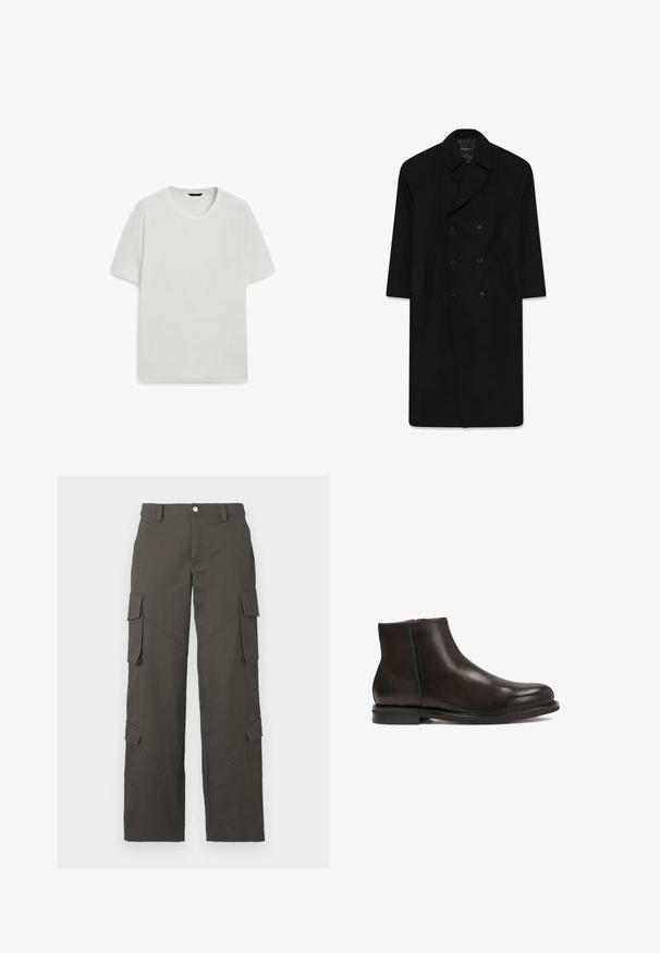 Zwarte dubbelzijdige jas met een reverskraag, twee voorzakken en een rechte snit. Gemaakt van wollen stof met een gladde textuur.; Witte kortarm t-shirt van katoen, met een ronde halslijn en een relaxte pasvorm, zonder zichtbare patronen of accenten.; Donkergrijze cargo broeken met rechte pijpen, knoopsluiting en vier klepzakken, twee op de bovenbenen en twee nabij de kuiten.; Zwarte leren enkelboot met een gladde textuur, ronde neus en een lage hak. Voorzien van een zijrits voor gemakkelijk aan- en uittrekken.
