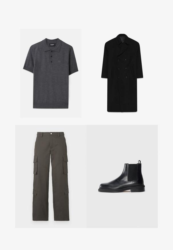 Melnā divrindu uzvalka jaka ar klātbātes apkakli, divām priekšējām kabatām un taisnu piegriezumu. Izgatavota no vilnas auduma ar gludu tekstūru.; Tumši pelēks polo krekls, izgatavots no gludas auduma, ar trīs pogu aizdari, īsām piedurknēm un smalku reljefu logotipu uz krūts.; Tumši pelēki taisnas kājas kravas bikses ar pogu aizdari un četriem kabatām ar vāku, divām uz augšstilbiem un divām tuvu teļiem.; Melnas ādas Čēzija zābaki ar elastīgu sānu paneli, noapaļota pirksta daļa, cilpa pie papēža un zema klāja zole uz vienkārša fona.