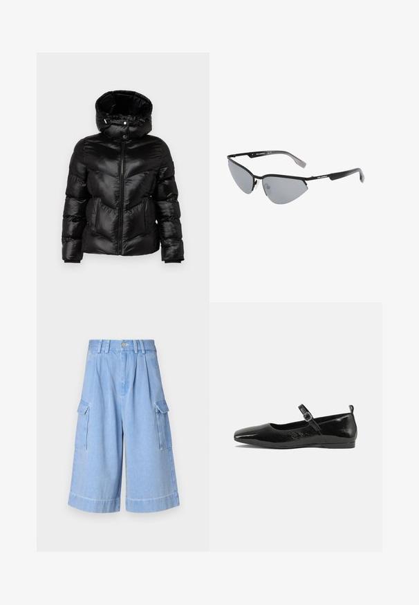 Čierna prešívaná bunda s vysokým golierom, zipsom a vzorom v tvare V. Obsahuje dve predné vrecká a elastické manžety. Lesklý, hladký povrch.; Čierne bavlnené tričko s okrúhlym výstrihom, krátkymi rukávmi a vyšívaným logom na hrudi. Jednoduchý, voľný strih bez vzorov.; Svetlomodré deninové cargo šortky s širokým strihom, prednými záhybmi a dvoma bočnými vreckami. Vysoký pás so slučkami na opasok a zapínaním na gombík.; Čierne lakované baleríny s špicatou špičkou, remienkom na členku so sponou a hladkým, lesklým povrchom. Nízky podpätok pre pohodlie.; Čierne slnečné okuliare s ostrým, mačacím dizajnom. Strieborné zrkadlové šošovky. Úzke, ľahké plastové rámy s diskrétnym brandingom na spánkoch.; Strieborné kovové náušnice s hladkým tvarom kvapky a lesklým povrchom. Jemné rytiny pridávajú detail. Minimalistický dizajn.