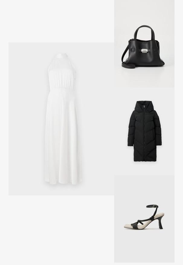 Black long puffer coat with a high padded collar, full front zipper, long sleeves, and side pockets.; White halter neck maxi dress with a fitted bodice, gathered waist, and flowing skirt. Smooth fabric with a subtle sheen.; Black heeled sandal with braided strap design, square toe, and adjustable ankle strap. Light beige footbed with a glossy black heel.; Black leather handbag with a textured finish, featuring two top handles, a detachable shoulder strap, and a silver clasp detail.