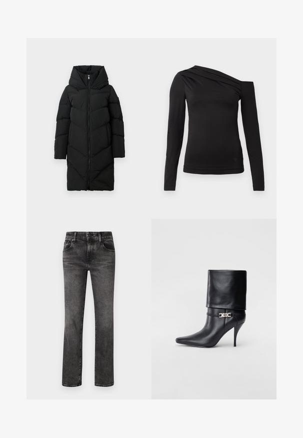 Abrigo largo de plumas negro con cuello alto acolchado, cierre frontal completo, mangas largas y bolsillos laterales.; Top negro de manga larga con un escote asimétrico, que presenta un hombro al descubierto y un suave drapeado en el pecho.; Vaqueros de mezclilla negra con corte recto, que presentan cinco bolsillos, cierre de botón y cremallera, y un ligero desvanecimiento en la tela.; Botín de cuero negro hasta el tobillo con punta afilada, tacón alto de aguja, puño doblado y un detalle decorativo de hebilla dorada en el tobillo.