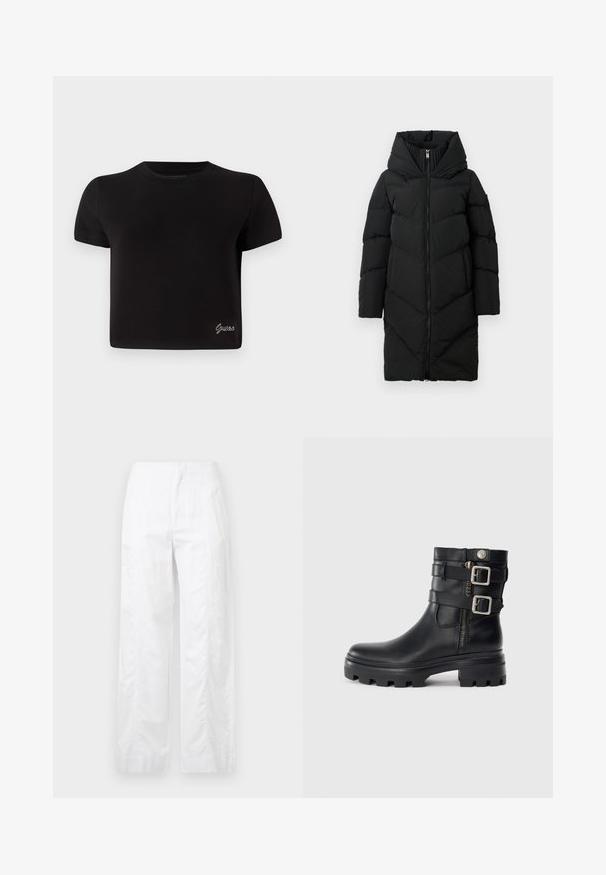 Casaco puffer longo preto com um colarinho almofadado alto, fecho frontal completo, mangas longas e bolsos laterais.; T-shirt preto de manga curta feito de algodão. Possui um decote redondo e um pequeno logótipo prateado "Guess" no canto inferior esquerdo.; Calças brancas de perna larga feitas de um tecido leve, com uma textura suave, linhas limpas e um design de cintura alta.; Botim de tornozelo em pele preta com detalhes de fivela dupla, fecho de zíper, sola espessa e textura lisa. Apresenta um design robusto e estiloso.