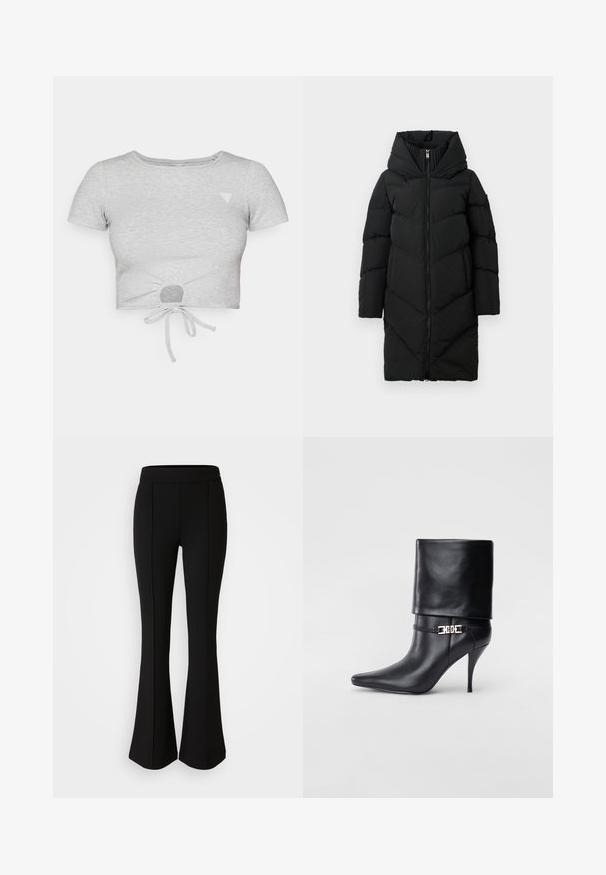 Cappotto lungo puffato nero con colletto alto imbottito, zipper frontale completa, maniche lunghe e tasche laterali.; Maglietta grigia a coste, cropped, con maniche corte, caratterizzata da un dettaglio con nodo sul fondo e un piccolo logo triangolare sul lato sinistro del petto.; Pantaloni neri a zampa d'elefante realizzati in un materiale elastico con una texture liscia, caratterizzati da dettagli delle cuciture lungo la parte anteriore per un tocco di design in più.; Stivale ankle in pelle nera con punta affusolata, alto tacco a stiletto, risvolto sulla caviglia e un elegante dettaglio in oro con fibbia decorativa.