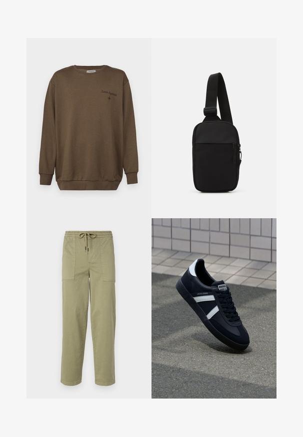 Fekete puffermellény magas gallérral, cipzáras zárással és két cipzáras mellzsebbel. Bordás mandzsetták és levehető kapucni. Sima szövettextúra.; Barna pamut pulóver kerek nyakkivágással, hosszú ujjakkal és bordás mandzsettával. Kiemelkedő jellemzői között szerepel az "Lunar Hypnosis" hímzett szöveg és egy kis csillag díszítés.; Világos olíva zöld színű, pamut keverékből készült nadrág, rugalmas derékrésszel és zsinórral, valamint két nagy oldalzsebbel.; Fekete bőr sportcipő fehér csíkokkal, textúrált gumitalppal és fűzős elejével. A nyelvén márkás címke található.; Fekete keresztpántos táska, tartós anyagból készült, egy állítható pánttal, cipzáras főrekesszel és elülső zsebbel.