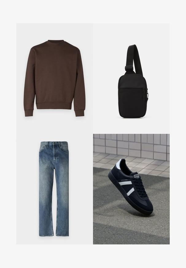 Veste matelassée noire avec un col montant, fermeture éclair et deux poches zippées sur la poitrine. Poignets côtelés et capuche amovible. Texture de tissu lisse.; Un sweat-shirt marron à col rond, fabriqué en un mélange de coton doux. Il dispose de poignets et d'un ourlet côtelés, avec un design simple sans motifs ni embellissements.; Jeans en denim bleu avec une coupe droite, présentant un délavage, des passants de ceinture, des poches avant et une seule poche arrière.; Sneaker en cuir noir avec des rayures blanches, semelle en caoutchouc texturée et devant à lacets. Présente une étiquette de marque sur la languette.; Sac bandoulière noir en tissu durable, avec une seule sangle ajustable, un compartiment principal zippé et une poche avant.