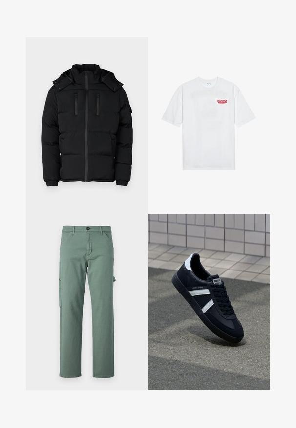 Juodas pūkinis švarkas su aukštu apykakle, užtrauktuku ir dviem užtrauktukais uždaromomis krūtinės kišenėmis. Raukiniai ant rankogalvių ir nuimama gobtuvėlė. Lygi audinio tekstūra.; Balta medvilninė marškinėliai su trumpomis rankovėmis, apvaliu iškirpimu ir raudonu grafiniu tekstu "SKANI PAŽADINTI VAIŠIUS" priekyje.; Žalios krovinių kelnės, pagamintos iš patvarios medžiagos, su tiesaus pjūvio dizainu, šoninėmis kišenėmis ir mygtuko uždarymu. Lygus tekstūra ir minimalistinis stilius.; Juodas odinis sportinis batelis su baltais dryžiais, tekstūruota gumine padais ir raišteliais priekyje. Yra prekės ženklą žymintis etiketė ant liežuvio.