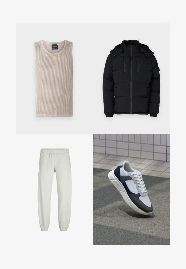 Fekete puffermellény magas gallérral, cipzáras zárással és két cipzáras mellzsebbel. Bordás mandzsetták és levehető kapucni. Sima szövettextúra.; Beige bordás top, kerek nyakkivágással, ujjatlan kivitelben és puha textúrával. Címke varrva a nyakrész belső oldalán, tiszta hem.; Fehér melegítőnadrág, puha anyagból készült, rugalmas derékrésszel és mandzsettával, sima tapintású és laza szabású.; Fehér, tengerészkék és szürke sneaker vegyes anyagokból készült dizájnnal, amely textúrázott felsőrésszel, lapos fűzőkkel és párnázott talppal rendelkezik.