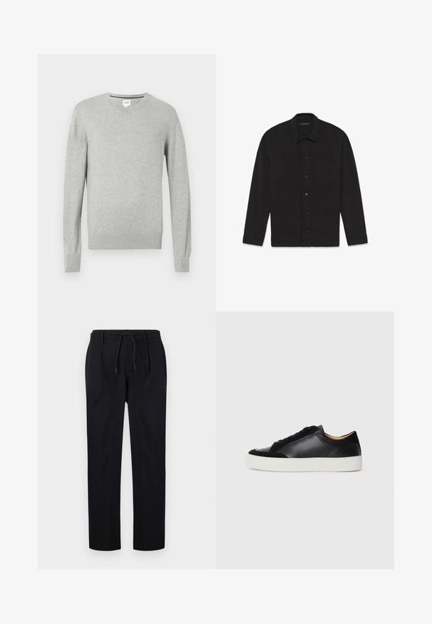 Czarna koszula z długim rękawem, wykonana z tkaniny o gładkiej fakturze, z dwiema kieszeniami na piersi i zapięciem na guziki z przodu.; Jasnoszary sweter, dekolt w serek, długie rękawy, ściągacze przy rękawach i u dołu, miękka faktura. Metka marki umieszczona na dekolcie.; Czarne spodnie wykonane z gładkiego materiału, z elastycznym paskiem w talii, prostymi nogawkami oraz plisami z przodu, co nadaje im strukturalny wygląd.; Czarne skórzane trampki z akcentami z zamszu, okrągły czubek, płaska biała gumowa podeszwa i kontrastujące tekstury na cholewce oraz sznurówkach.