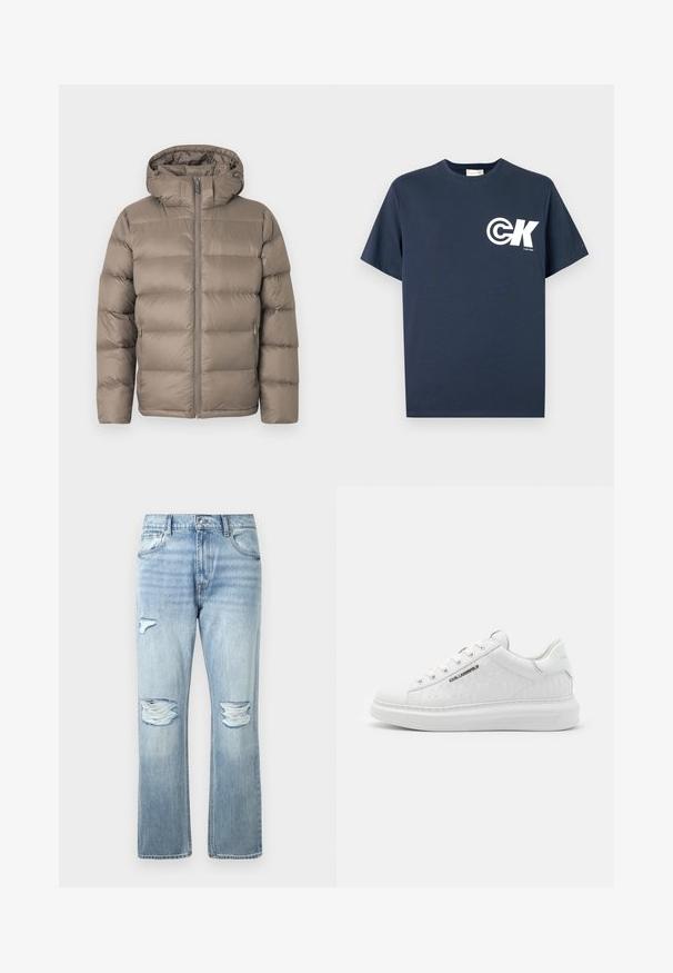 Taupenvärinen toppatakki, jossa edessä vetoketju, kaksi vetoketjullista sivutaskua ja kiinnitetty huppu, yksinkertaisella valkoisella taustalla.; Laivastonsininen, lyhythihainen, pyöreäkauluksinen T-paita, jossa valkoinen CK-logo ja "Calvin Klein"-teksti vasemmalla rinnassa.; Vaaleansiniset farkut, joissa on kuluneet repeämät molemmissa polvissa ja pieni repeämä vasemmassa reidessä, klassinen viisi taskua -tyyli.; Valkeat lenkkarit, jotka on valmistettu sileästä nahasta ja joissa on kohokuvioitu kuvio. Ominaisuuksiin kuuluu pyöreä kärki, nauhakiinnitys ja teksturoitu pohja. Hopeinen logo yksityiskohta sivussa.