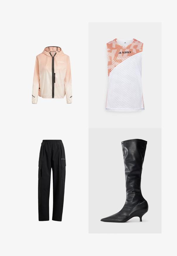 Lightweight, hooded jacket in gradient pink and white. Features a front zipper, black accents, and reflective strips on sleeves.; White sleeveless athletic top with orange diagonal stripes, textured surface, and "TERREX" logo on the upper front.; Black cargo pants with an elastic waistband, two side pockets, and a slightly tapered leg design. Made from lightweight material.; Black leather knee-high boots with a pointed toe and a slim, curved heel. Soft texture and a smooth finish with minimal stitching details.