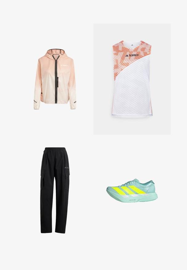 Lichte, hooded jas in een gradiënt van roze en wit. Kenmerkt een frontale rits, zwarte accenten en reflecterende stroken op de mouwen.; Witte mouwloze sporttop met oranje diagonale strepen, gestructureerd oppervlak en het "TERREX" logo op de bovenkant van de voorkant.; Zwarte cargobroek met een elastische tailleband, twee zijzakken en een licht taps toelopende broekspijp. Gemaakt van lichtgewicht materiaal.; Lichte hardloopschoen in mintgroen met drie gedurfde gele strepen. Kenmerkt zich door een zachte textuur, reflecterende accenten en een gevoerde zool.