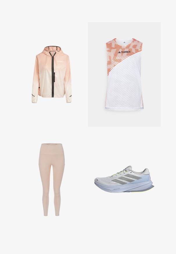 Kevyt, huppari takki, jossa on liukuväri vaaleanpunaisesta valkoiseen. Varustettu etuvetoketjulla, mustilla yksityiskohdilla ja heijastavilla nauhoilla hihoissa.; Valkoinen hihaton urheilupaita, jossa on oranssit viistot raidat, teksturoitu pinta ja "TERREX"-logo yläosassa edessä.; Korkea vyötärö nude-väriset legginsit, jotka ovat valmistettu sileästä, joustavasta materiaalista. Niissä on sivutaskut ja hyvin istuva muotoilu, joka kapenee nilkkoihin.; Juoksukengät, joissa on kevyt valkoisesta verkosta valmistettu päällinen, joka on korostettu harmailla raidoilla. Pohjassa on kevyt kaari ja neonkeltaisia korostuksia.