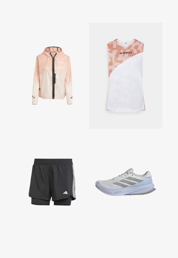 Lättviktsjacka med huva i gradient rosa och vitt. Har en främre dragkedja, svarta detaljer och reflexstriper på ärmarna.; Vitt ärmlöst atletiskt linne med orange diagonala ränder, texturerad yta och "TERREX"-logotyp på övre fronten.; Svarta träningsshorts med inre lager, elastisk midja och vita tre ränder på sidorna, med en liten vit logotyp. Slät textur.; Löparskor med ett lätt nätövre i vitt, accentuerat med grå ränder. Sulan har en svag kurva och neongula detaljer.