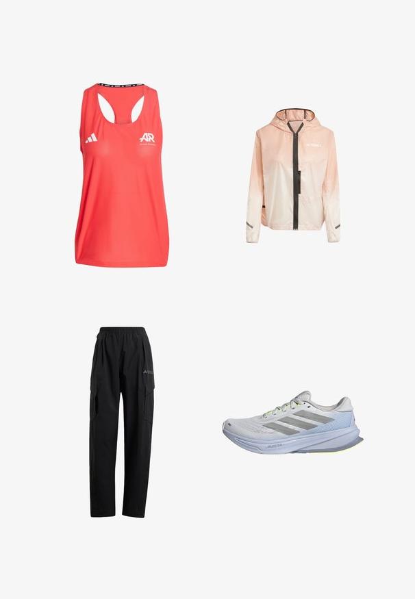 Letthvægt jakke med hætte i gradient pink og hvid. Har en frontlynlås, sorte detaljer og reflekterende striber på ærmerne.; Rød atletisk tanktop med scoop-udskæring, racerback-design, Adidas-logo og "AR" branding. Fremstillet af åndbart, struktureret stof.; Sorte cargo bukser med elastisk talje, to sidelommer og et let tilspidset ben-design. Lavet af letvægtsmateriale.; Løbesko med en letvægtsmesh-overdel i hvid, prydet med grå striber. Sålens udsving er let, og der er neongule detaljer.