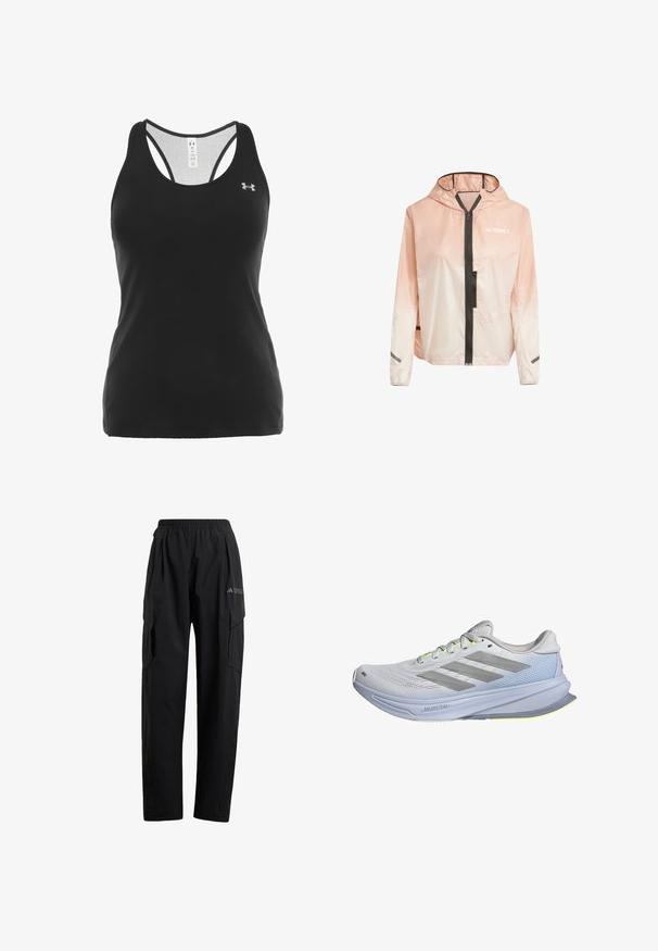 Lightweight, hooded jacket in gradient pink and white. Features a front zipper, black accents, and reflective strips on sleeves.; Under Armour TECH RACER - Top - schwarz/silber; Black cargo pants with an elastic waistband, two side pockets, and a slightly tapered leg design. Made from lightweight material.; Running shoes with a lightweight mesh upper in white, accented by gray stripes. The sole features a slight curve and neon yellow highlights.