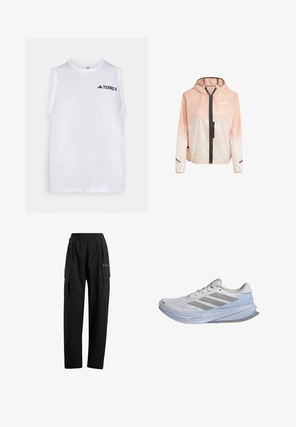 Jachetă ușoară cu glugă, în degradé de roz și alb. Dispune de un fermoar frontal, accente negre și benzi reflective pe mâneci.; Top athletic fără mâneci, alb, realizat dintr-un material neted, având un mic logo negru "TERREX" pe piept. Având tiv drept și decolteu rotund.; Pantaloni cargo negri cu talie elastică, două buzunare laterale și un design ușor conic al picioarelor. Fabricat dintr-un material ușor.; Pantofi de alergare cu un superior din plasă ușoară de culoare albă, accentuat cu dungi gri. Talpa are o ușoară curbă și evidențieri de un galben neon.