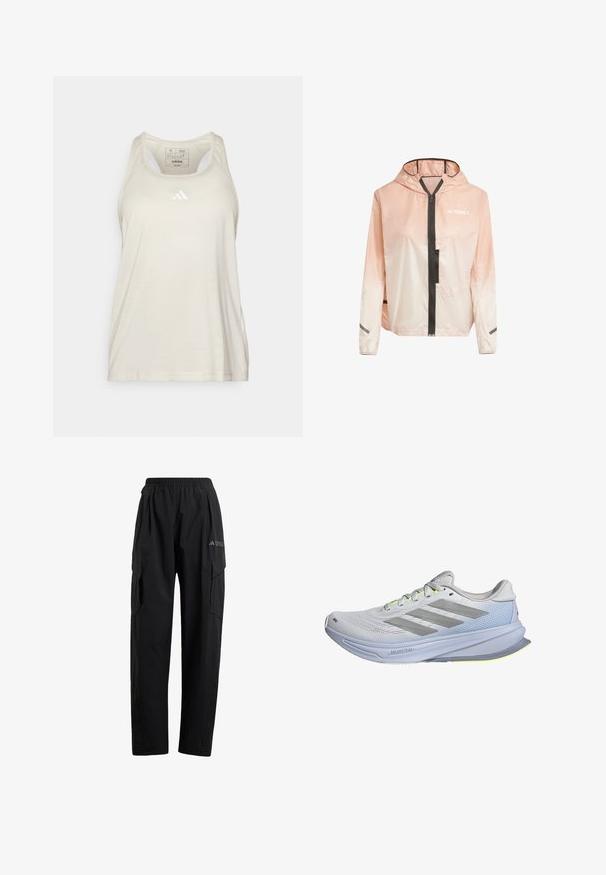 Lichte, hooded jas in een gradiënt van roze en wit. Kenmerkt een frontale rits, zwarte accenten en reflecterende stroken op de mouwen.; adidas Performance TRAIN ESSENTIALS MINIMAL BRANDING RACERBACK - Top - alumina/white; Zwarte cargobroek met een elastische tailleband, twee zijzakken en een licht taps toelopende broekspijp. Gemaakt van lichtgewicht materiaal.; Hardloopschoenen met een lichtgewicht mesh bovenkant in het wit, accentueert met grijze strepen. De zool heeft een lichte bocht en neon gele accenten.