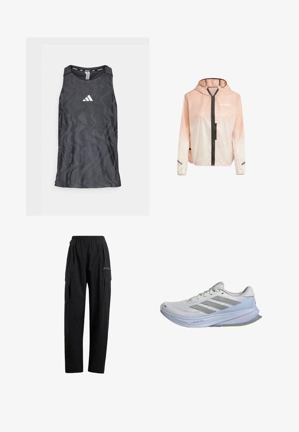 Giacca leggera con cappuccio in gradiente rosa e bianco. Presenta una zip frontale, dettagli neri e strisce riflettenti sulle maniche.; Canotta da corsa nera con un motivo a zigzag testurizzato, caratterizzata da un logo Adidas bianco al centro e un collo a giro.; Pantaloni cargo neri con una vita elastica, due tasche laterali e un design della gamba leggermente svasato. Realizzati in materiale leggero.; Scarpe da corsa con superiore in mesh leggero di colore bianco, accentuate da strisce grigie. La suola presenta una leggera curvatura e evidenti dettagli in giallo neon.