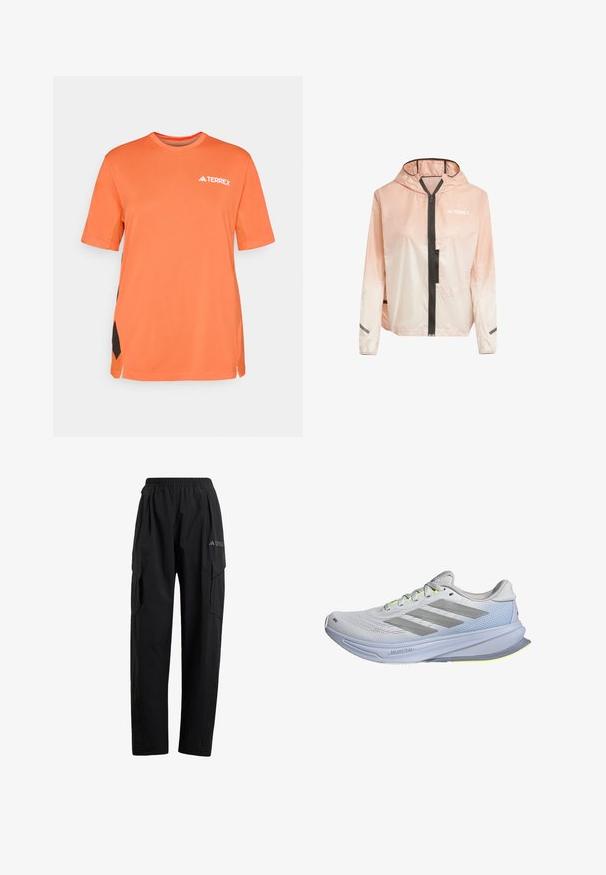 Könnyű, kapucnis dzseki gradient rózsaszín és fehér színben. Elöl cipzárral, fekete kiegészítőkkel és fényvisszaverő csíkokkal a hüvelyeken.; Narancssárga, rövid ujjú póló, könnyű anyagból készült, hálós oldalsó panelekkel és fehér "TERREX" logóval az elején.; Fekete cargo nadrág rugalmas derékrésszel, két oldalsó zsebbel és enyhén karcsúsított lábdesignnal. Könnyű anyagból készült.; Fehér, könnyű hálós felsőrészű futócipő, szürke csíkokkal kiemelve. A talpa enyhe ívvel és neon sárga részletekkel rendelkezik.