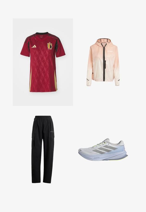 Lett, hettejakke i gradient rosa og hvit. Har glidelås foran, svarte detaljer og reflekterende striper på ermene.; Rød fotballtrøye med et geometrisk diamantmønster, svarte detaljer og et våpenskjold med gule og svarte striper, laget av lett stoff.; Svarte cargo-bukser med elastisk midje, to sidelommer og en lett avsmalnet benkonstruksjon. Laget av lett materiale.; Løpesko med et lett mesh-overdel i hvitt, akzentuert av grå striper. Sålen har en liten kurve og neongule detaljer.