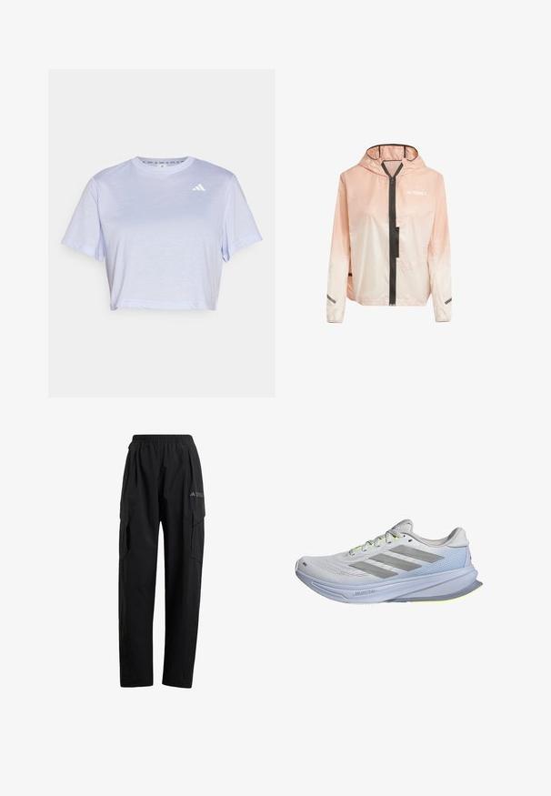 Lett, hettejakke i gradient rosa og hvit. Har glidelås foran, svarte detaljer og reflekterende striper på ermene.; Kuttet, T-skjorte med korte ermer i lys lavendel, laget av myk stoff. Har en liten hvit logo på øverste venstre brystområde.; Svarte cargo-bukser med elastisk midje, to sidelommer og en lett avsmalnet benkonstruksjon. Laget av lett materiale.; Løpesko med et lett mesh-overdel i hvitt, akzentuert av grå striper. Sålen har en liten kurve og neongule detaljer.