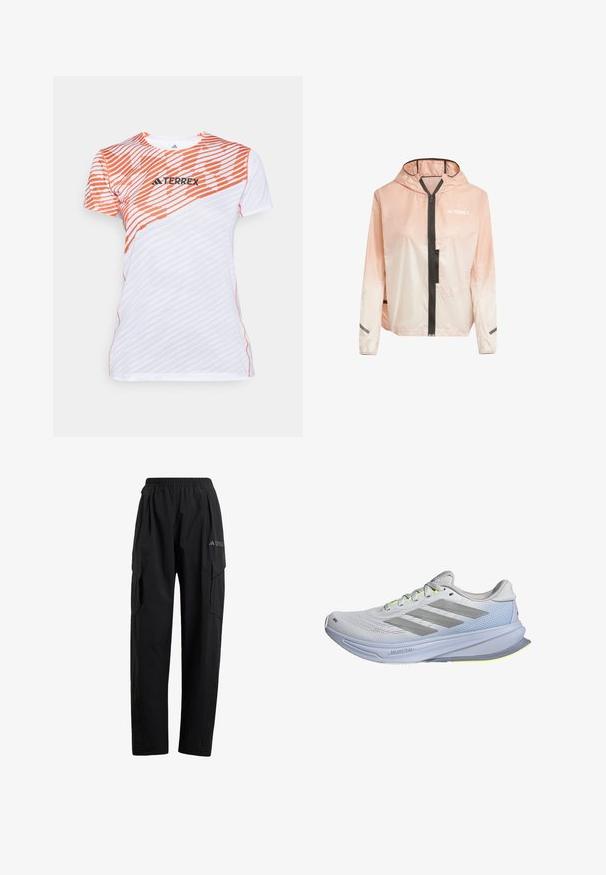 Jachetă ușoară cu glugă, în degradé de roz și alb. Dispune de un fermoar frontal, accente negre și benzi reflective pe mâneci.; Tricou athletic cu mânecă scurtă alb și portocaliu, cu un model în dungi diagonale și logo-ul "TERREX" pe piept.; Pantaloni cargo negri cu talie elastică, două buzunare laterale și un design ușor conic al picioarelor. Fabricat dintr-un material ușor.; Pantofi de alergare cu un superior din plasă ușoară de culoare albă, accentuat cu dungi gri. Talpa are o ușoară curbă și evidențieri de un galben neon.