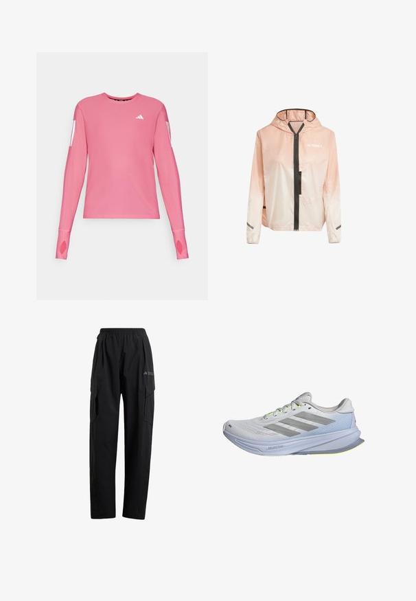 Letthvægt jakke med hætte i gradient pink og hvid. Har en frontlynlås, sorte detaljer og reflekterende striber på ærmerne.; Lyserød langærmet sports skjorte med rund halsudskæring og tommelhul i manchetterne. Har hvide branddetaljer på ærmerne.; Sorte cargo bukser med elastisk talje, to sidelommer og et let tilspidset ben-design. Lavet af letvægtsmateriale.; Løbesko med en letvægtsmesh-overdel i hvid, prydet med grå striber. Sålens udsving er let, og der er neongule detaljer.
