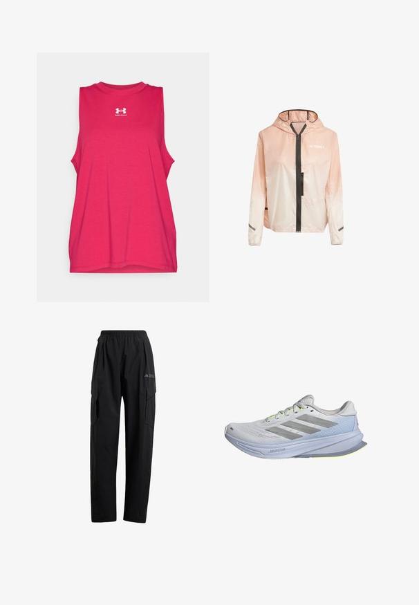 Giacca leggera con cappuccio in gradiente rosa e bianco. Presenta una zip frontale, dettagli neri e strisce riflettenti sulle maniche.; Canotta atletica senza maniche di un vivace colore rosa, realizzata in un morbido tessuto misto cotone. Presenta un collo rotondo e il logo Under Armour in bianco.; Pantaloni cargo neri con una vita elastica, due tasche laterali e un design della gamba leggermente svasato. Realizzati in materiale leggero.; Scarpe da corsa con superiore in mesh leggero di colore bianco, accentuate da strisce grigie. La suola presenta una leggera curvatura e evidenti dettagli in giallo neon.