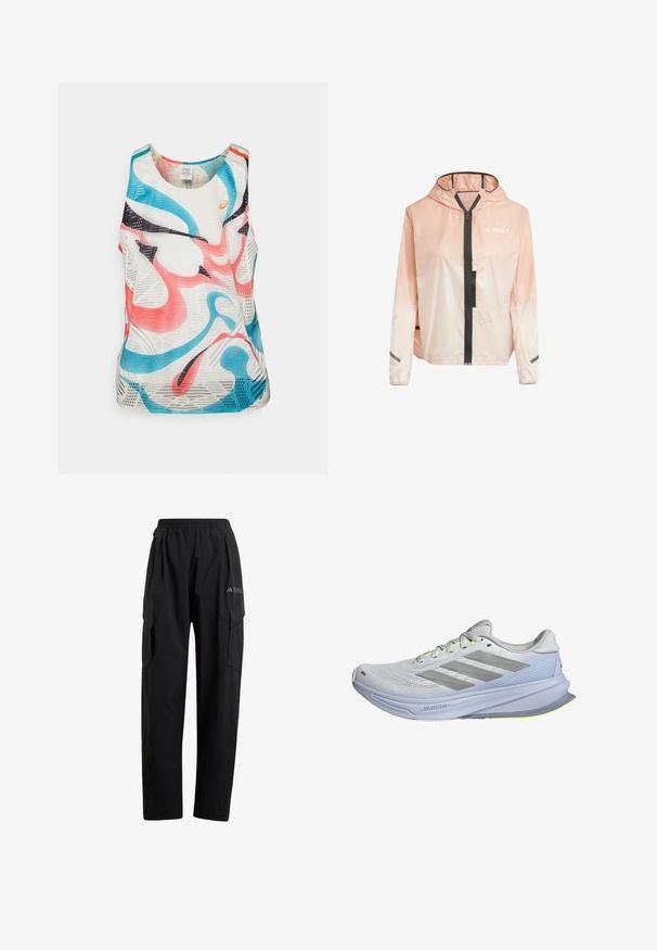 Giacca leggera con cappuccio in gradiente rosa e bianco. Presenta una zip frontale, dettagli neri e strisce riflettenti sulle maniche.; Canotta atletica senza maniche realizzata in tessuto a rete traspirante. Presenta motivi astratti in rosa, blu e nero su uno sfondo bianco.; Pantaloni cargo neri con una vita elastica, due tasche laterali e un design della gamba leggermente svasato. Realizzati in materiale leggero.; Scarpe da corsa con superiore in mesh leggero di colore bianco, accentuate da strisce grigie. La suola presenta una leggera curvatura e evidenti dettagli in giallo neon.