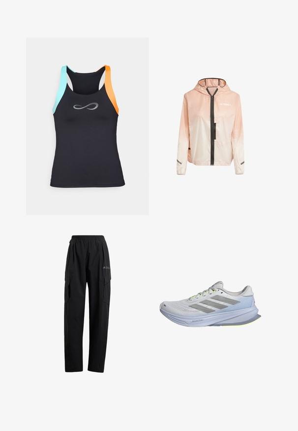 Lightweight, hooded jacket in gradient pink and white. Features a front zipper, black accents, and reflective strips on sleeves.; Black athletic tank top with turquoise and orange straps. Features a silver infinity logo on the front, made from moisture-wicking material.; Black cargo pants with an elastic waistband, two side pockets, and a slightly tapered leg design. Made from lightweight material.; Running shoes with a lightweight mesh upper in white, accented by gray stripes. The sole features a slight curve and neon yellow highlights.