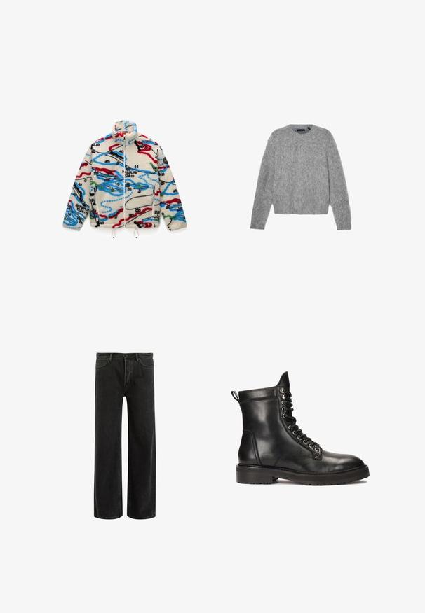 Chaqueta de forro polar con base crema y patrones multicolores similares a un mapa en rojo, negro, azul y verde; tiene un cuello alto y cierre de cremallera.; Jersey gris de mangas largas hecho de material esponjoso, con cuello redondo y un corte corto. Textura suave con un aspecto ligero y tierno.; Camiseta de algodón verde con mangas cortas, cuello redondo acanalado y logotipo bordado de Nike en el pecho. Textura suave y corte relajado.; Jeans de mezclilla negra de pierna ancha con cintura alta, que presentan un diseño clásico de cinco bolsillos y un sutil desvanecimiento para una apariencia texturizada.; Kazar Studio CANRERTH - Botines con cordones - black