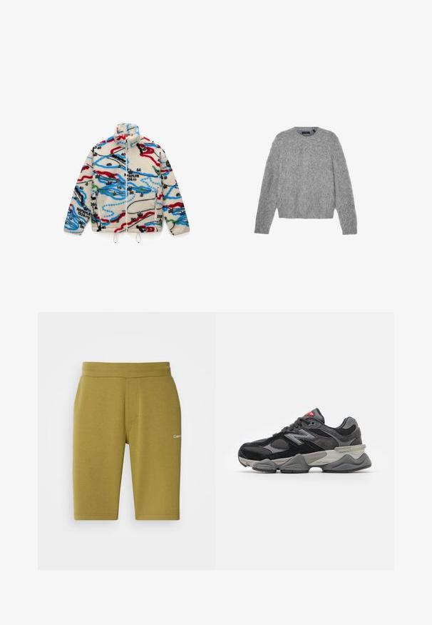 Fleece bunda s krémovým podkladem a vícbarevnými mapovými vzory v červené, černé, modré a zelené; má vysoký límec a zapínání na zip.; Šedý svetr s dlouhým rukávem vyrobený z nadýchaného materiálu s kulatým výstřihem a zkráceným střihem. Hladký povrch s jemným, lehkým vzhledem.; Zelené bavlněné tričko s krátkými rukávy, vroubkovaným kulatým výstřihem a vyšitým logem Nike na hrudi. Hladká textura a volný střih.; Olivově zelené šortky vyrobené z měkké bavlněné směsi, s hladkou texturou, elastickým pasem a diskrétním logem na levé straně.; Černé a šedé sneakersy se směsí semišových a síťovaných materiálů, silnou podrážkou, výrazným logem a červeným akcentem na jazyku.