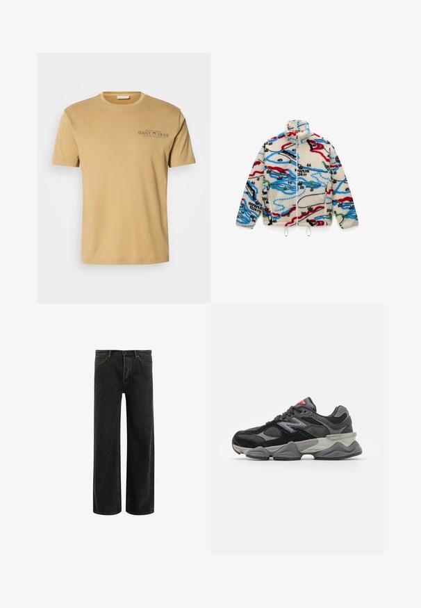 Fliisjakker, millel on kreemjas alus ja mitmevärvilised kaardilaadsed mustrid punases, mustas, sinises ja rohelises; kõrge krae ja tõmblukk.; Hall harmaast pika varrukaga sviiter, mis on valmistatud pehmest materjalist, ümarate kaelustega ja lühikese sobivusega. Sile tekstuur, pehme ja kerge välimus.; Kerge beež puuvillane T-särk ümmarguse kaelusega, lühikeste varrukatega ja prinditud logoga, millel on rinnal tume sinine "GANT 1949".; Mustadest denimist laiad püksid kõrge vöökoht, klassikalise viie taskuga disain ja õrn pleekinud välimus tekstuurilise ilme saavutamiseks.; Must muste ja hall tossud, mis on tehtud segu sametist ja võrkmaterjalist, pakse vahetallaga, silmapaistva logoga ja punase aktsendiga keelel.