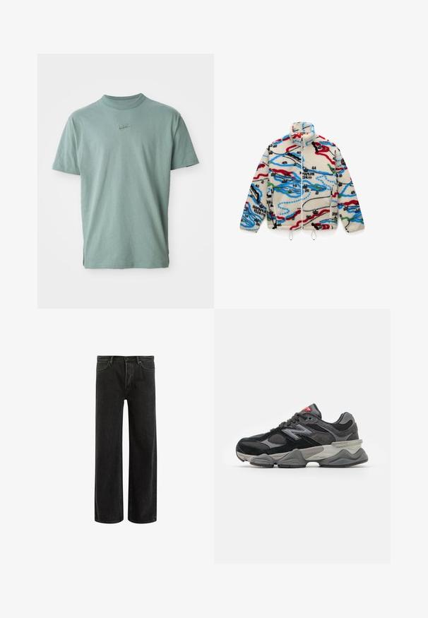 Casaco de fleece com base creme e padrões multicoloridos semelhantes a um mapa em vermelho, preto, azul e verde; possui um colarinho alto e fecho de zíper.; Suéter cinza de mangas longas feito de material felpudo, com decote redondo e corte cropped. Textura suave com uma aparência leve e macia.; T-shirt de algodão verde com mangas curtas, decote redondo canelado e logótipo da Nike bordado no peito. Textura suave e ajuste descontraído.; Calças largas em denim preto com cintura alta, apresentando um design clássico de cinco bolsos e um desbotamento subtil para uma aparência texturizada.; Sapatilha preta e cinza com uma mistura de materiais em camurça e malha, sola grossa, logótipo proeminente e detalhe vermelho na língua.