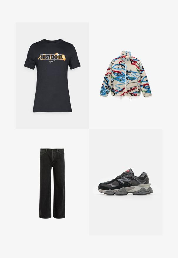 Flísová bunda s krémovým základom a viacfarebnými mapovými vzormi v červenej, čiernej, modrej a zelenej; má vysoký golier a zips.; Sivý sveter s dlhým rukávom vyrobený z nadýchaného materiálu s okrúhlym výstrihom a skráteným strihom. Hladká textúra s jemným, svetlým vzhľadom.; Čierne bavlnené tričko s nápisom "JUST DO IT." v oranžovej a bielej farbe. Obsahuje logo Nike v šedej farbe. Krátke rukávy, okrúhly výstrih.; Čierne džínsy s širokými nohavicami a vysokým pásom, so classic piatimi vreckami a jemným vyblednutím pre textúrovaný vzhľad.; Čierne a šedé tenisky s kombináciou semišu a sieťoviny, hrubou podrážkou, výrazným logom a červeným akcentom na jazyku.