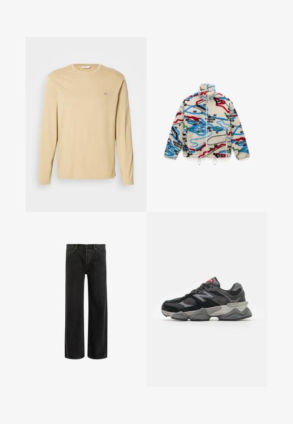 Fliisjakker, millel on kreemjas alus ja mitmevärvilised kaardilaadsed mustrid punases, mustas, sinises ja rohelises; kõrge krae ja tõmblukk.; Hall harmaast pika varrukaga sviiter, mis on valmistatud pehmest materjalist, ümarate kaelustega ja lühikese sobivusega. Sile tekstuur, pehme ja kerge välimus.; Bež pikk-sleeve crewneck särg, mille väikesel embleemil on õmmeldud vasakul ülaosas, esitledud lihtsal valgel taustal.; Mustadest denimist laiad püksid kõrge vöökoht, klassikalise viie taskuga disain ja õrn pleekinud välimus tekstuurilise ilme saavutamiseks.; Must muste ja hall tossud, mis on tehtud segu sametist ja võrkmaterjalist, pakse vahetallaga, silmapaistva logoga ja punase aktsendiga keelel.