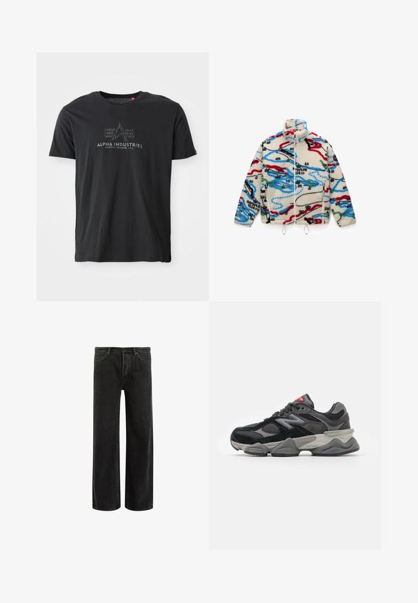 Fleecejakke med en cremet base og multicolore kortlignende mønstre i rød, sort, blå og grøn; har en høj krave og lynlås.; Grå, langærmet sweater lavet af blødt materiale med rund halsudskæring og en cropped pasform. Glat tekstur med et blødt, let udseende.; Sort bomuld crew neck t-shirt med en tekstureret logo-print med ordene "ALPHA INDUSTRIES" og et trekantet design i midten.; Sorte denim bredde ben jeans med høj talje, med klassisk fem-lomme design og subtil falmning for et tekstureret udseende.; Sort og grå sneakers med en kombination af ruskind og mesh-materialer, tyk sål, fremtrædende logo og rød accent på tungen.
