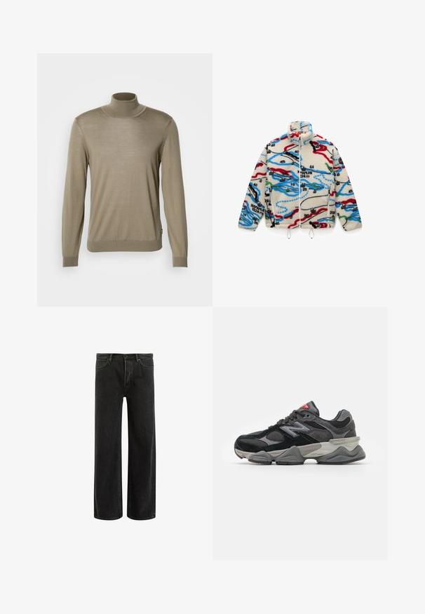 Giacca in pile con una base crema e motivi multicolori simili a una mappa in rosso, nero, blu e verde; presenta un colletto alto e chiusura con zip.; Maglione beige con collo alto, realizzato in un tessuto sottile a coste. Maniche lunghe con polsini aderenti e orlo dritto nella parte inferiore. Design semplice, senza motivi.; T-shirt in cotone verde con maniche corte, colletto a girocollo rib ribattuto e logo Nike ricamato sul petto. Tessuto liscio e vestibilità rilassata.; Jeans wide-leg in denim nero con vita alta, caratterizzati da un classico design a cinque tasche e da un leggero sbiadimento per un aspetto testurizzato.; Sneaker nera e grigia con un mix di materiali in suede e mesh, suola spessa, logo prominente e accento rosso sulla linguetta.
