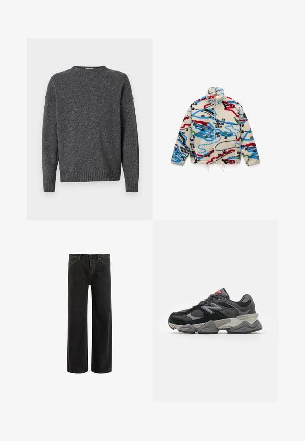 Fleecejacke mit einer cremefarbenen Basis und mehrfarbigen, kartografischen Mustern in Rot, Schwarz, Blau und Grün; hat einen hohen Kragen und einen Reißverschluss.; Dunkelgrau gesprenkelter Strickpullover mit langen Ärmeln, Rundhalsausschnitt und gerippten Bündchen und Saum, auf einem weißen Hintergrund präsentiert.; Grünes Baumwoll-T-Shirt mit kurzen Ärmeln, geripptem Rundhalsausschnitt und gesticktem Nike-Logo auf der Brust. Glatte Textur und entspannte Passform.; Schwarze, weit geschnittene Jeans aus Denim mit hoher Taille, im klassischen Fünf-Taschen-Design und subtilem Verblassen für eine strukturierte Optik.; Schwarzer und grauer Sneaker mit einer Kombination aus Wildleder und Mesh-Materialien, dicker Sohle, ausgeprägtem Logo und roten Akzenten an der Zunge.