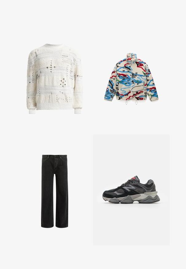 Chaqueta de forro polar con base crema y patrones multicolores similares a un mapa en rojo, negro, azul y verde; tiene un cuello alto y cierre de cremallera.; Suéter blanco de punto con varios patrones de cortes, que presenta una superficie texturada y puños acanalados. Diseño de cuello redondo, con un ajuste ligeramente oversize.; Camiseta de algodón verde con mangas cortas, cuello redondo acanalado y logotipo bordado de Nike en el pecho. Textura suave y corte relajado.; Jeans de mezclilla negra de pierna ancha con cintura alta, que presentan un diseño clásico de cinco bolsillos y un sutil desvanecimiento para una apariencia texturizada.; Zapatilla negra y gris con una mezcla de materiales de ante y malla, suela gruesa, logotipo prominente y acento rojo en la lengüeta.