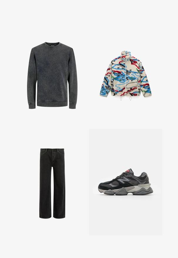 Polarowa kurtka w kolorze kremowym, zdobiona wielokolorowymi wzorami przypominającymi mapę w odcieniach czerwieni, czerni, niebieskiego i zielonego; z wysokim kołnierzem i zapięciem na zamek.; Szary sweatshirt z okrągłym dekoltem i długimi rękawami, wykonany z miękkiego, teksturowanego materiału. Posiada wyblakły, zmyty efekt oraz proste detale ściegów.; Zielona bawełniana koszulka z krótkim rękawem, prążkowany okrągły dekolt, haftowane logo Nike na piersi. Gładka struktura i luźny krój.; Czarne dżinsy o szerokich nogawkach z wysokim stanem, z klasycznym pięciopunktowym krojem oraz delikatnym wyblaknięciem dla uzyskania teksturowanego wyglądu.; Czarno-szare sneakersy z połączeniem materiałów zamszowych i siateczkowych, gruba podeszwa, wyraźne logo oraz czerwony akcent na języku.