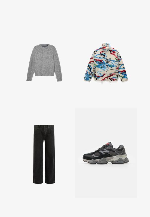 Fleecejack is van een crèmekleurige basis met meerkleurige kaartachtige patronen in rood, zwart, blauw en groen; heeft een hoge kraag en ritssluiting.; Grijze, lange mouwen sweatervan donzige stof met een ronde hals en een cropped fit. Gladde textuur met een zachte, lichte uitstraling.; Groene katoenen t-shirt met korte mouwen, geribbelde ronde hals en geborduurd Nike-logo op de borst. Soepele textuur en een ontspannen pasvorm.; Zwarte denims met wijde benen en een hoge taille, met een klassiek vijf zakken ontwerp en subtiele vervaging voor een textuur uitstraling.; Zwarte en grijze sneaker met een mix van suede en mesh materialen, dikke zool, opvallend logo en een rode accent op de tong.