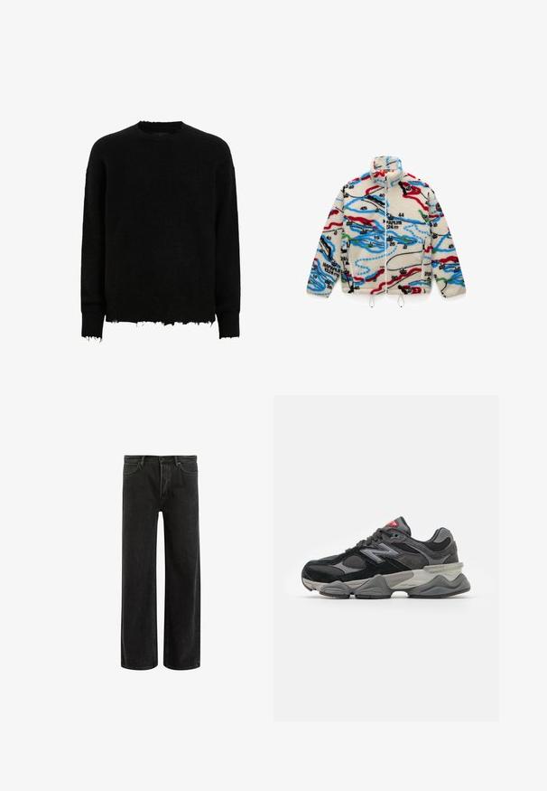 Polarowa kurtka w kolorze kremowym, zdobiona wielokolorowymi wzorami przypominającymi mapę w odcieniach czerwieni, czerni, niebieskiego i zielonego; z wysokim kołnierzem i zapięciem na zamek.; Czarny sweter z długim rękawem i okrągłym dekoltem, z postrzępionymi brzegami przy mankietach i u dołu, wykonany z puszystej dzianiny.; Zielona bawełniana koszulka z krótkim rękawem, prążkowany okrągły dekolt, haftowane logo Nike na piersi. Gładka struktura i luźny krój.; Czarne dżinsy o szerokich nogawkach z wysokim stanem, z klasycznym pięciopunktowym krojem oraz delikatnym wyblaknięciem dla uzyskania teksturowanego wyglądu.; Czarno-szare sneakersy z połączeniem materiałów zamszowych i siateczkowych, gruba podeszwa, wyraźne logo oraz czerwony akcent na języku.