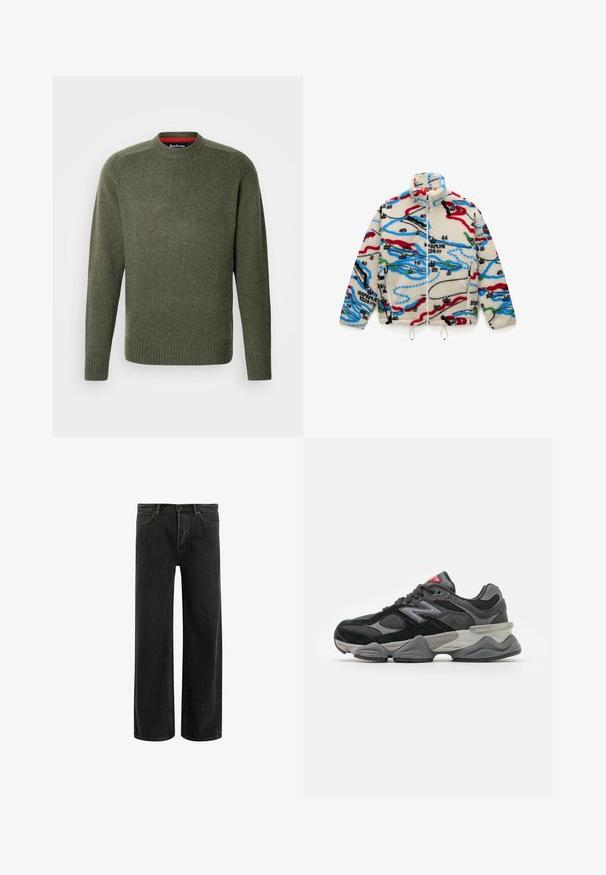 Béléses dzseki, krémszínű alappal, amelyet piros, fekete, kék és zöld színű, térképszerű minták díszítenek; magas gallérral és cipzáras záródással rendelkezik.; Zöld kötött pulóver kerek nyakkivágással és bordás mandzsettákkal, finom textúrával és hímzett részlettel a nyakkivágás közelében.; Zöld pamut póló rövid ujjakkal, bordás kerek nyakkivágással és hímzett Nike logóval a mellkasán. Simá szövet és laza fazon.; Fekete farmerszövet, bő szárú nadrág magas derékkal, klasszikus ötpocket kivitelben, és finom kopással a texturált megjelenés érdekében.; Fekete és szürke sportcipő, amely velúr és hálós anyagok keverékéből készült, vastag talppal, hangsúlyos logóval és piros akcentussal a nyelvén.
