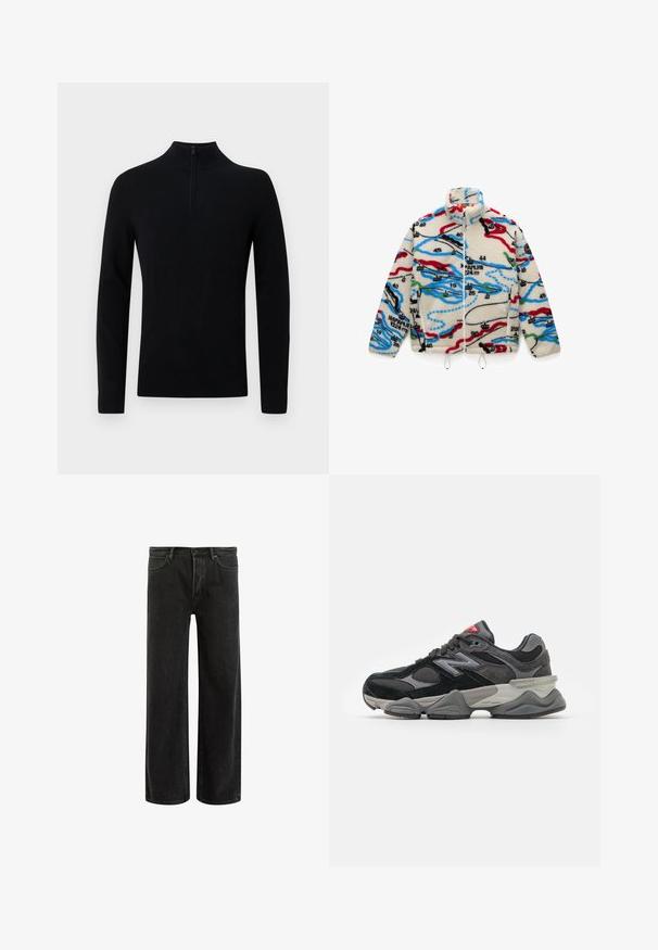 Veste polaire avec une base crème ornée de motifs multicolores ressemblant à une carte en rouge, noir, bleu et vert ; elle possède un col montant et une fermeture zippée.; Pull noir à col montant, avec une courte fermeture éclair au cou. Fabriqué en matériau tricoté doux, sans ornements et sans motifs visibles.; T-shirt en coton vert à manches courtes, col rond côtelé et logo Nike brodé sur la poitrine. Texture douce et coupe décontractée.; Jean en denim noir à jambes larges avec taille haute, présentant un design classique à cinq poches et un léger délavage pour un aspect texturé.; Baskets noires et grises avec un mélange de matériaux en daim et en maille, semelle épaisse, logo proéminent et accent rouge sur la languette.